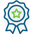 A blue ribbon with a green star in the middle.