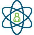 A blue and green icon of an atom with a person inside of it.