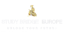 Study Bridge Europe logo with gold bridge icon and faint “UNLOCK YOUR FUTURE” text on white background