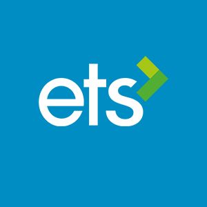 ETS logo in white on a blue background with a green accent mark