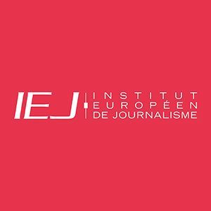 IEJ logo in white on a red background, reading “Institut Européen de Journalisme”