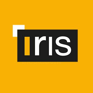Iris logo on a black rectangle over a yellow background with a small white square accent