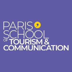 Paris School of Tourism & Communication logo on a purple background with white text and yellow dot