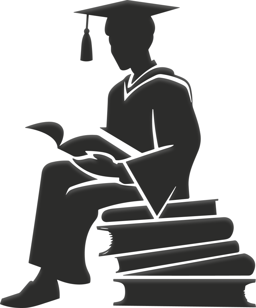 Silhouette of a graduate in cap and gown sitting on stacked books and reading a book