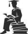 Silhouette of a graduate in cap and gown sitting on stacked books and reading a book
