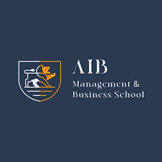 AIB Management & Business School logo on a dark blue background with gold and white shield icon.