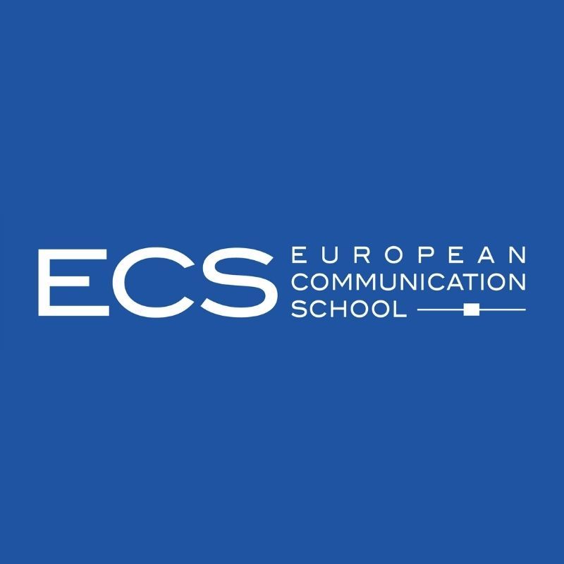 ECS European Communication School logo in white on a blue background