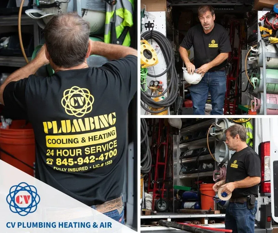 Plumber in black company shirt working on plumbing equipment in a service van, with company logo and contact info.
