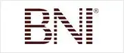 BNI logo in dark red with striped letters on a white background