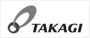 TAKAGI logo with stylized gray ring icon and black italic text