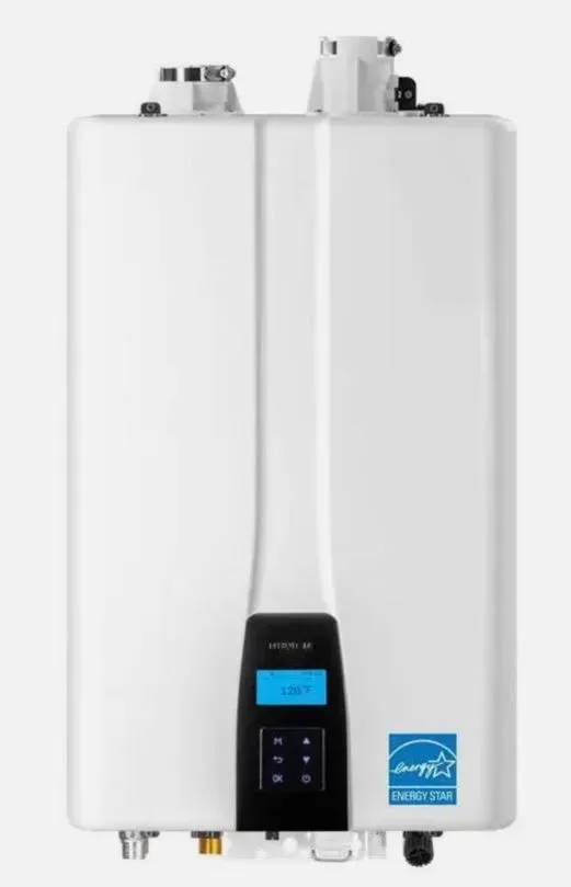 White, wall-mounted tankless water heater with a blue LCD screen, knobs, and an Energy Star sticker.