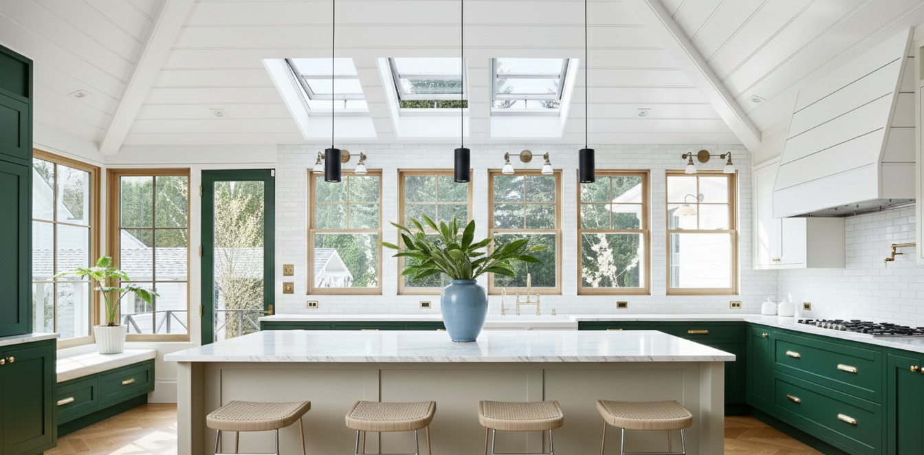 A modern green and white kitchen with a large island, skylights, and windows overlooking a yard.