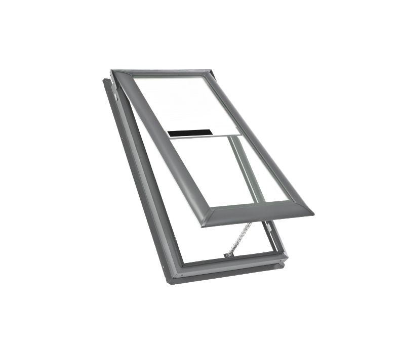 Gray skylight window, partially open, angled against a white background.
