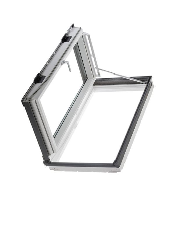 Open skylight window, white frame, gray trim, tilted open against a white background.