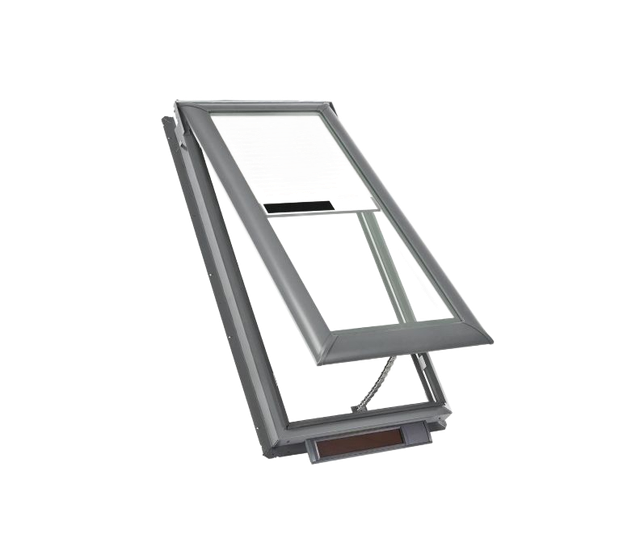 Open, angled skylight with a gray frame and clear glass.