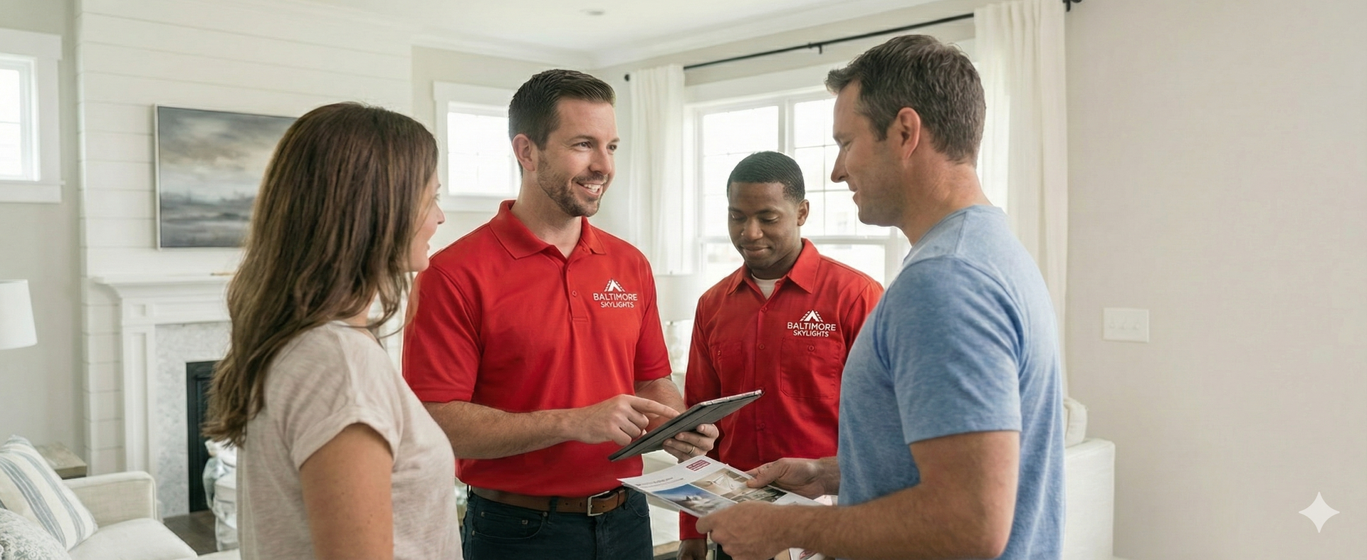Two service representatives with a clipboard and paperwork consulting with a couple in a home.
