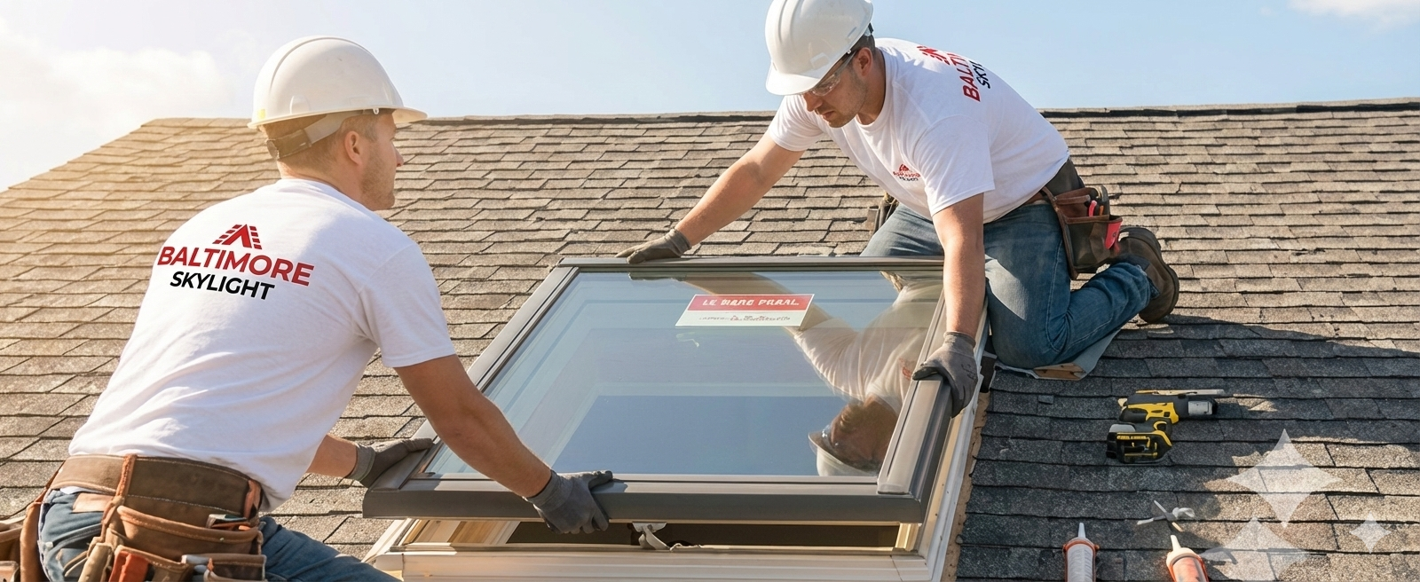 Two roofers installing a skylight on a rooftop. They wear hard hats and work clothes.