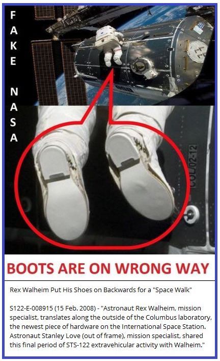 Boots of an astronaut that are on the wrong feet.