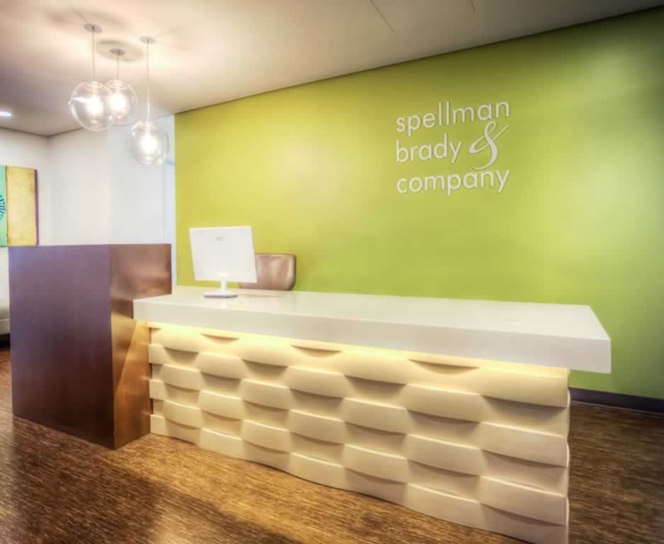 A rendering of a reception area for spellman brody company