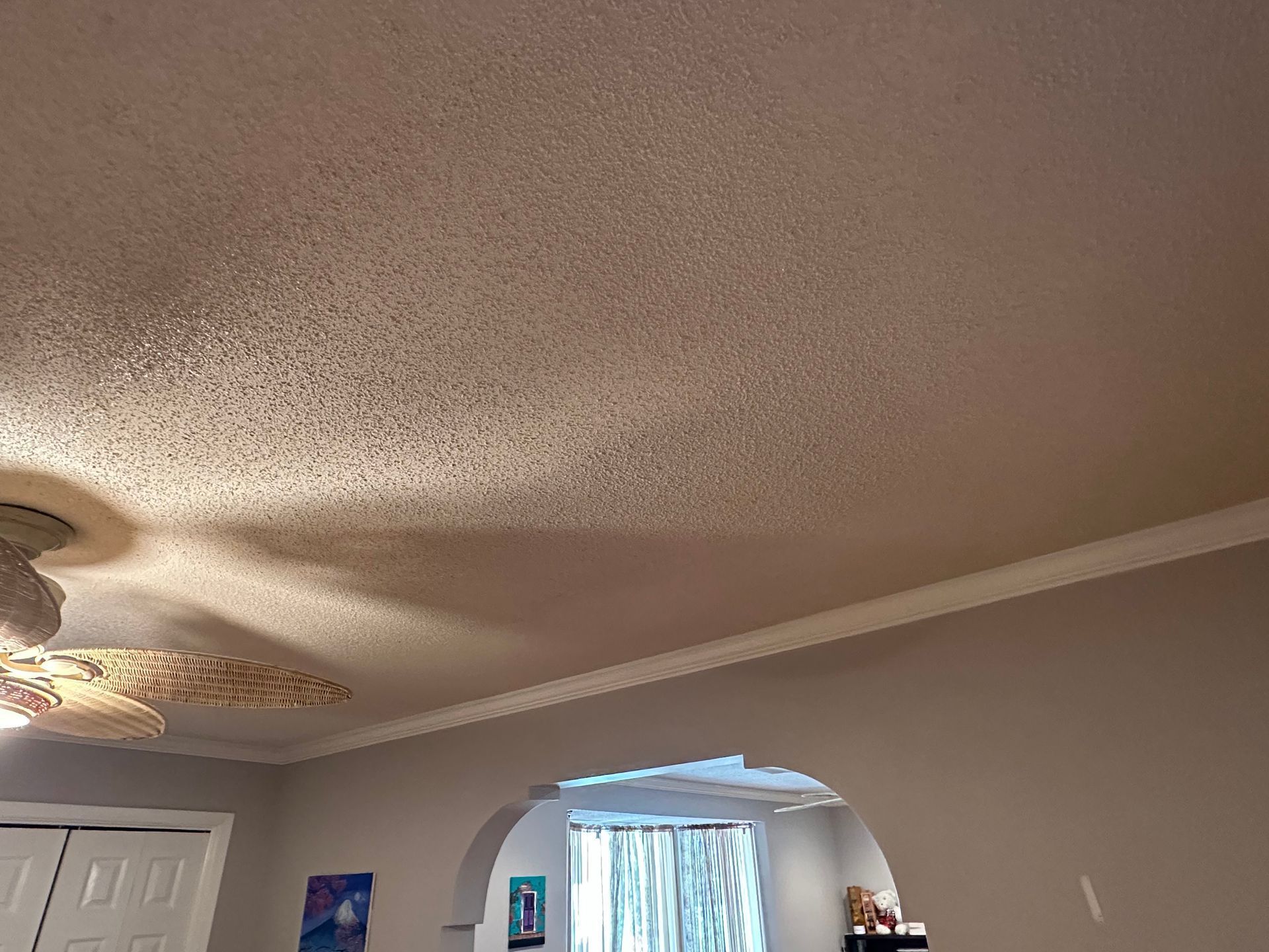 Living room ceiling with a ceiling fan, arched doorway, and curtains in soft daylight