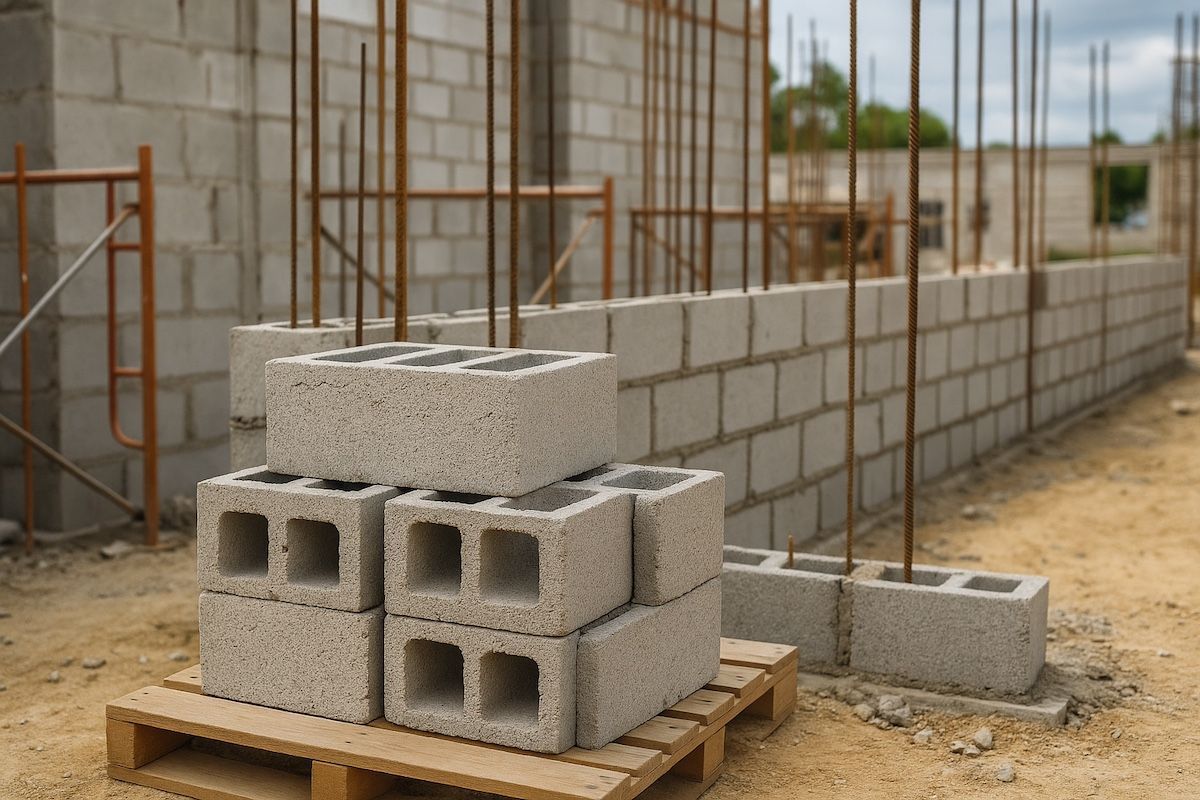 Concrete blocks stacked on a pallet at a construction site, with partially built walls and rebar visible.