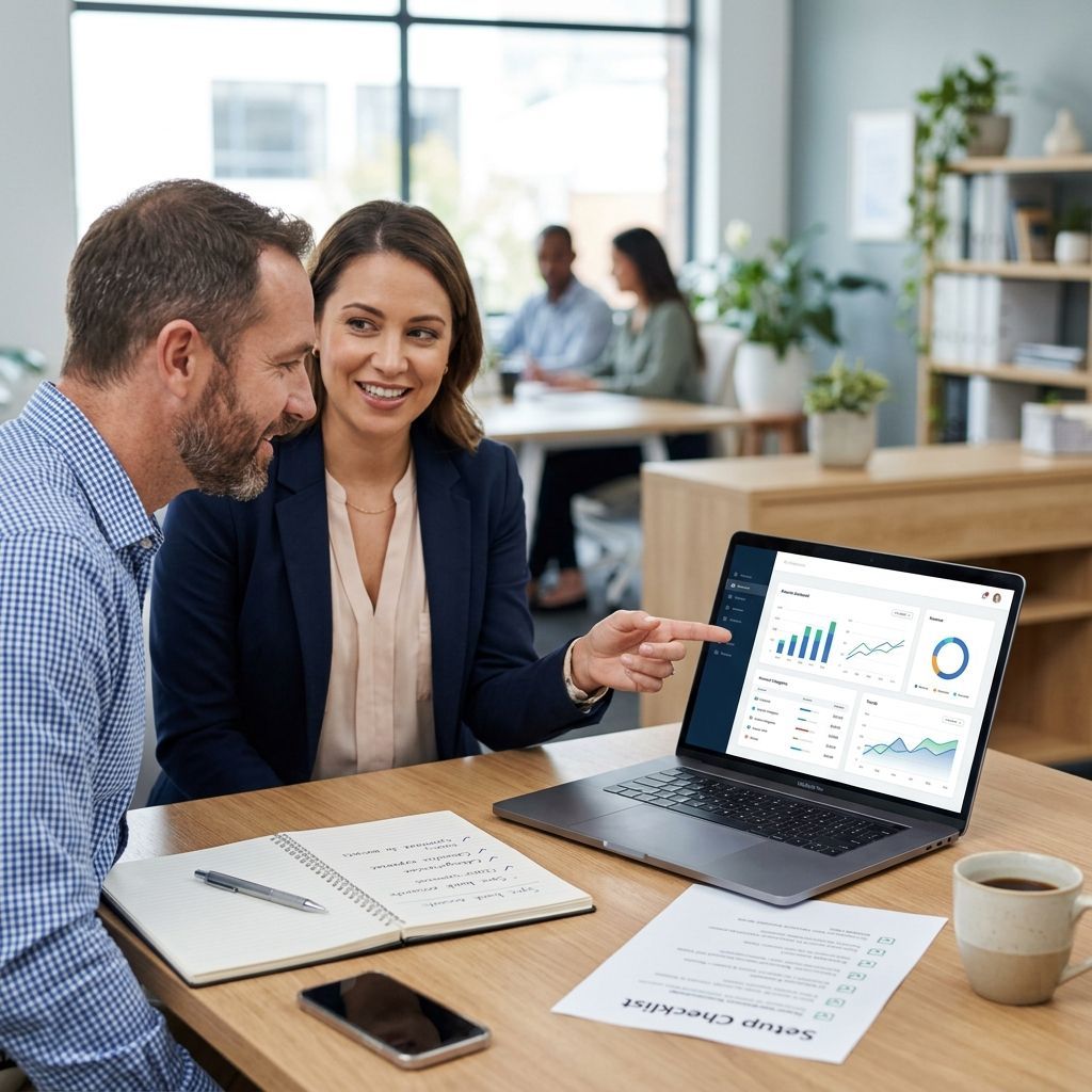 Two coworkers reviewing a laptop dashboard in a bright office, with reports, a phone, and coffee on the table.