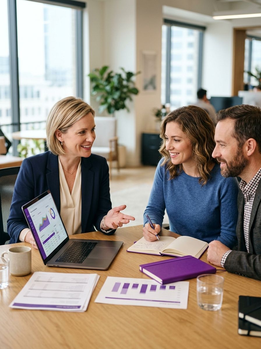 Three coworkers discussing documents at a table with a laptop in a bright office
