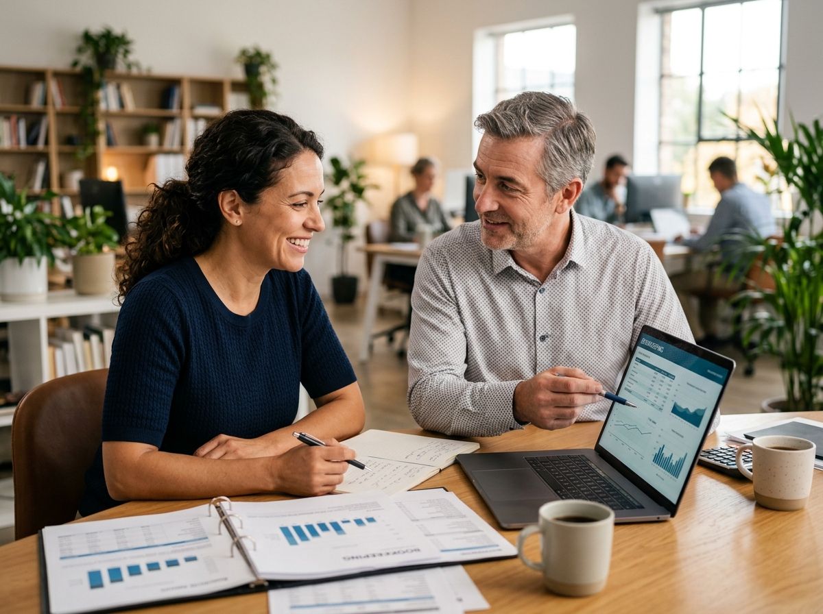 Two coworkers discussing charts at a desk with a laptop in a bright office