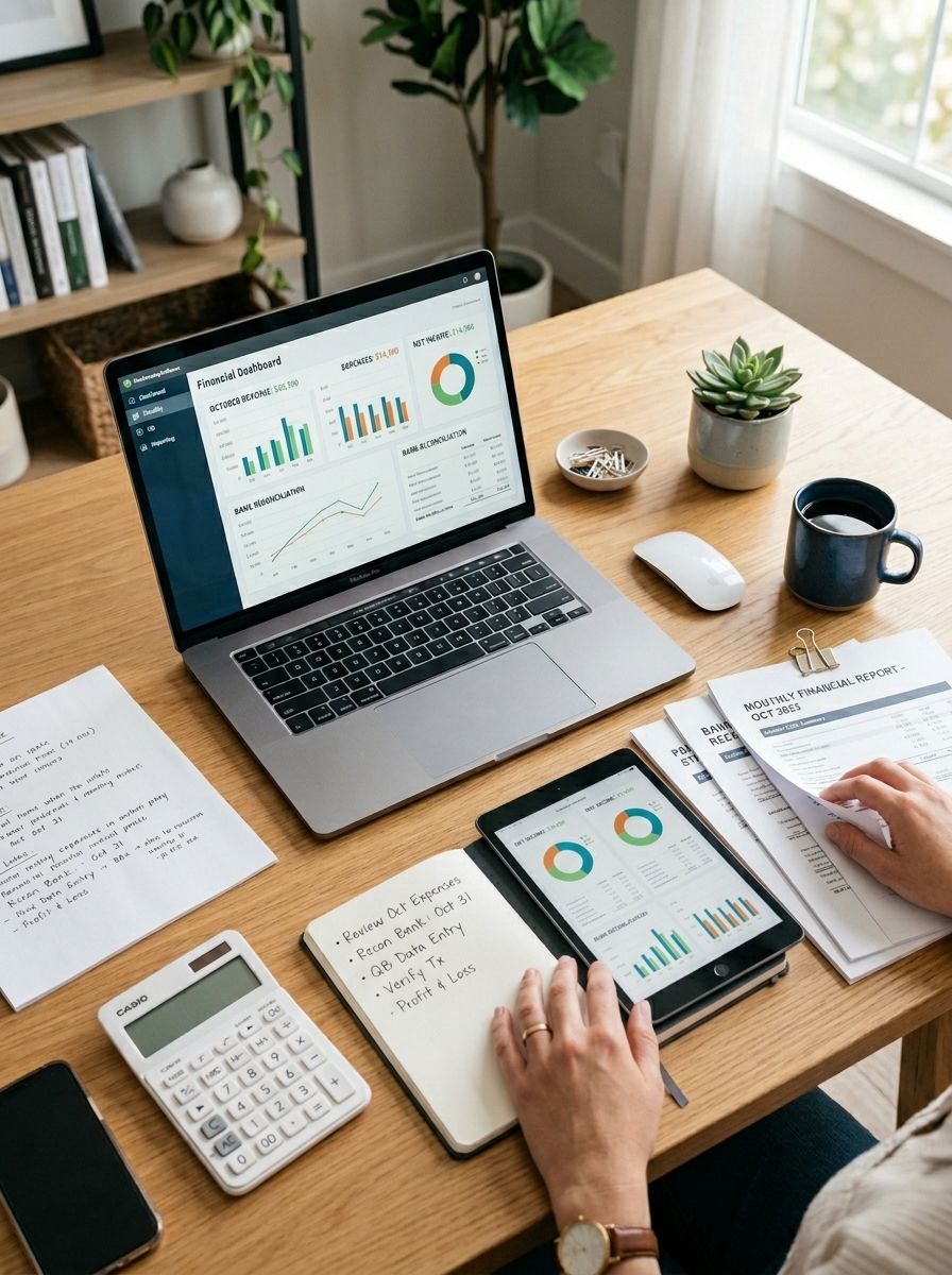 Desk with laptop and tablet showing analytics dashboards, with a person reviewing notes and charts nearby.