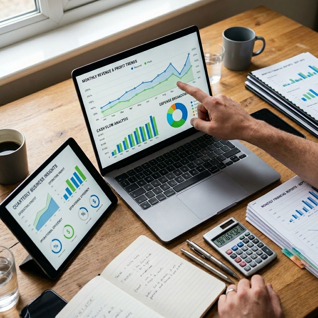 Workspace with laptop and tablet showing analytics charts, a hand pointing at the screen, and office supplies on a desk.