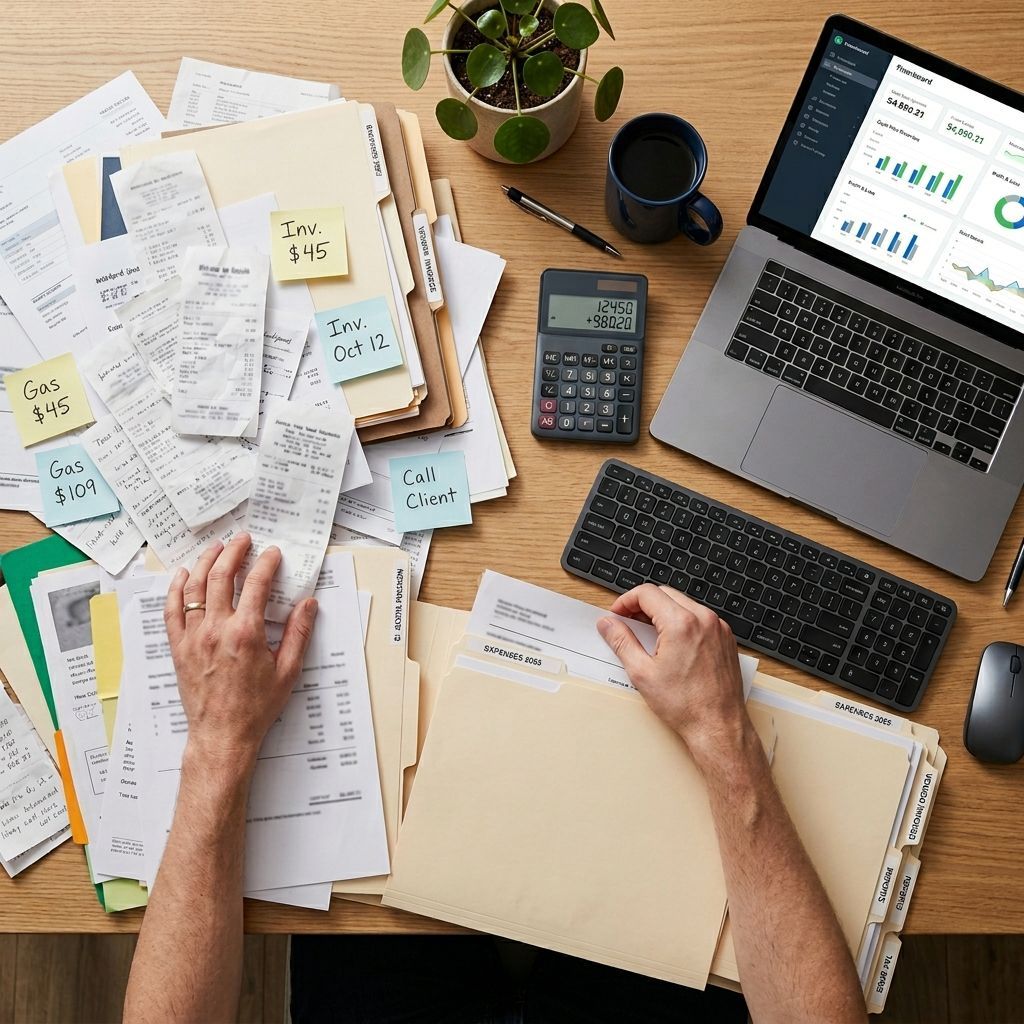 Top-down desk with papers, folders, laptop, calculator, coffee mug, and hands sorting documents.