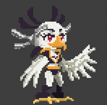 Un pixel art de una chica con cabello naranja y botas azules.