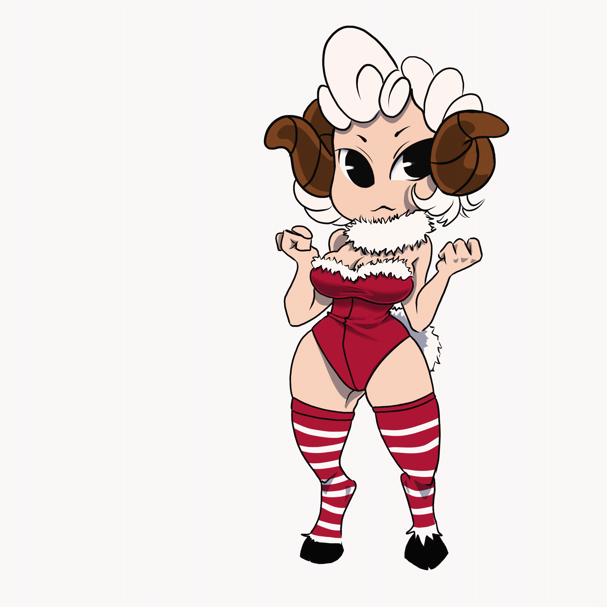 Un dibujo en pixel art de una niña oveja con un traje rojo y calcetines a rayas.