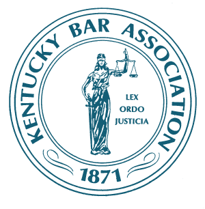 Kentucky Bar Association seal with a figure of justice holding scales and a sword, surrounded by text and the founding year 1871.