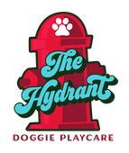 Red fire hydrant logo with turquoise “The Hydrant” text and “Doggie Playcare” below