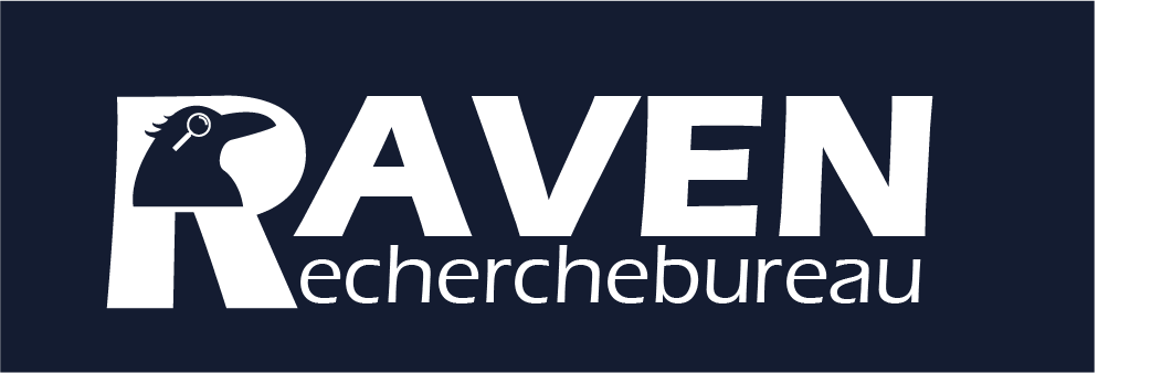 Een blauw en wit logo voor raven recherche bureau