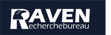 Een blauw en wit logo voor raven recherche bureau