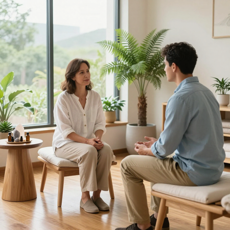Two people in a bright therapy room sit facing each other during a calm conversation.