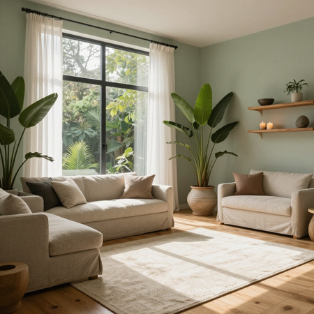 Bright living room with beige sofas, large window, potted plants, and wall shelves in soft green tones