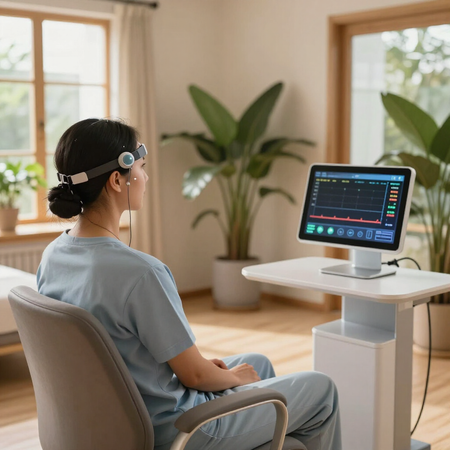 Person wearing EEG headset sits in a chair facing a monitor with brainwave data in a bright room