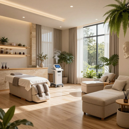 Bright spa treatment room with massage table, beige seating, plants, and soft natural light