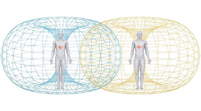 Two overlapping wireframe human figures inside blue and yellow spherical energy fields on a white background