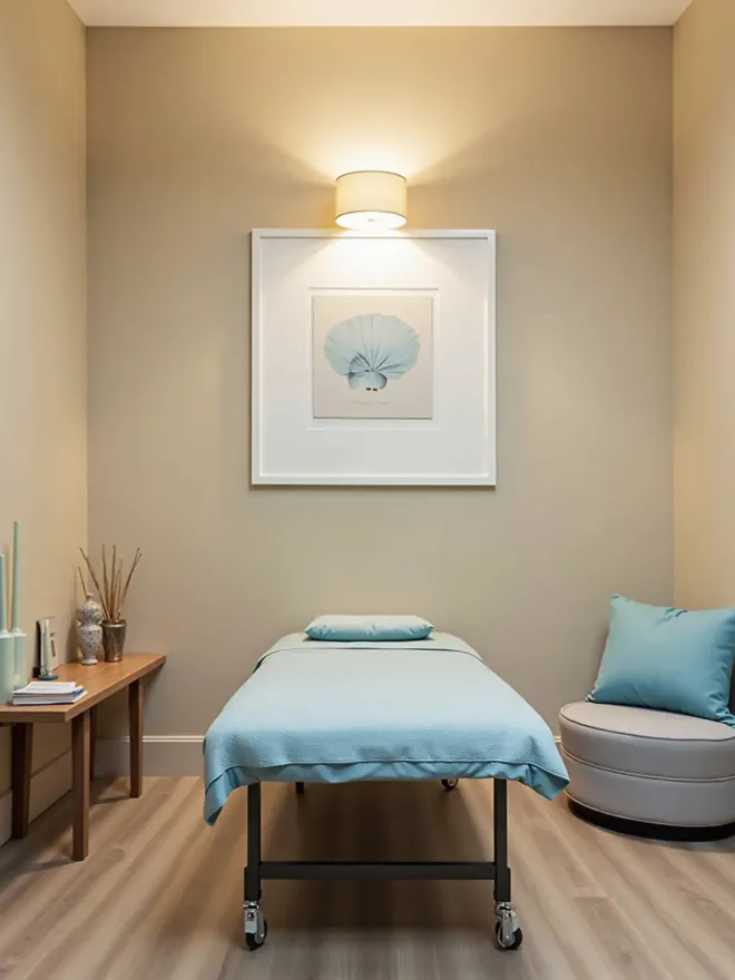 Peaceful wellness treatment room with a massage table, soft lighting, and calming decor.