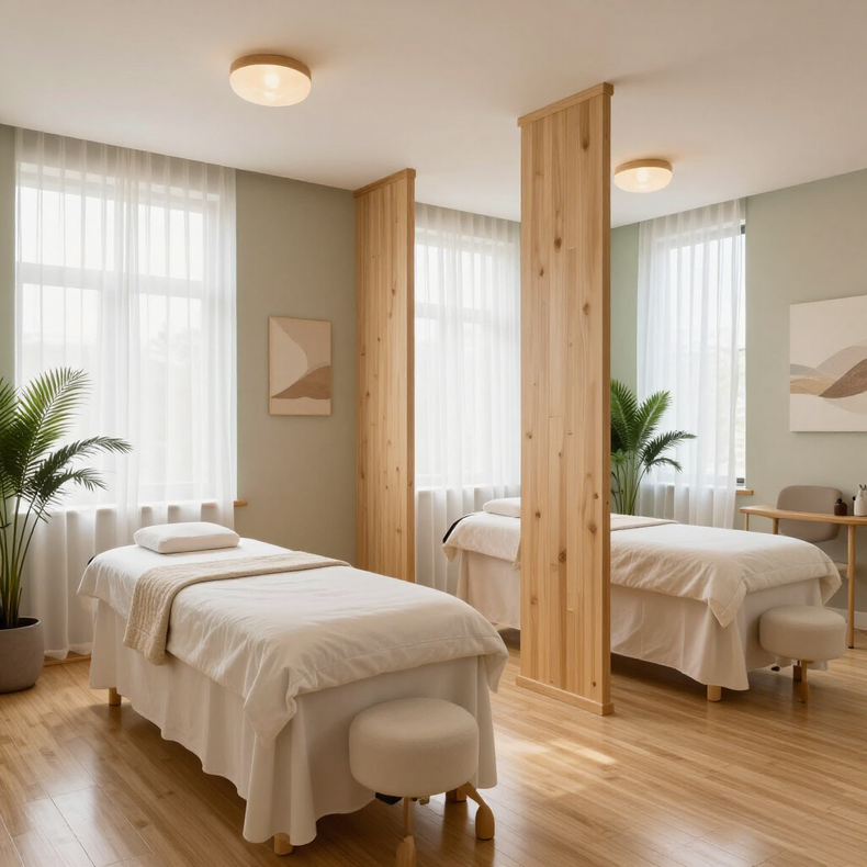 Bright spa treatment room with two massage tables, soft white curtains, and wooden accents.