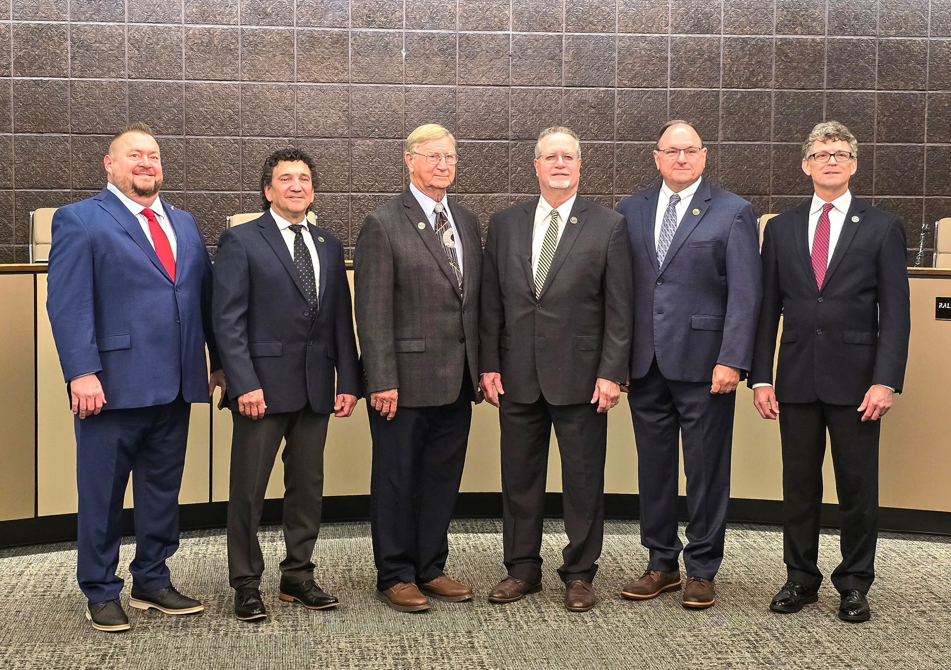 Foley elected officials were sworn into office for the new term on Monday, Nov. 3.
New and returning members are, from left, Timothy "Tim" Lower, District 2; Roderick Burkle,
District 3; Council President Wayne Trawick, District 1; Mayor Ralph Hellmich; Larry Engel,
District 4: and Council President Pro Tempore Charles Ebert III, District 5.