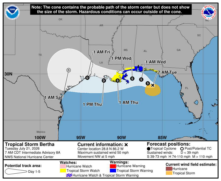 Tropical Storm Bertha as of 7:00 AM this morning.