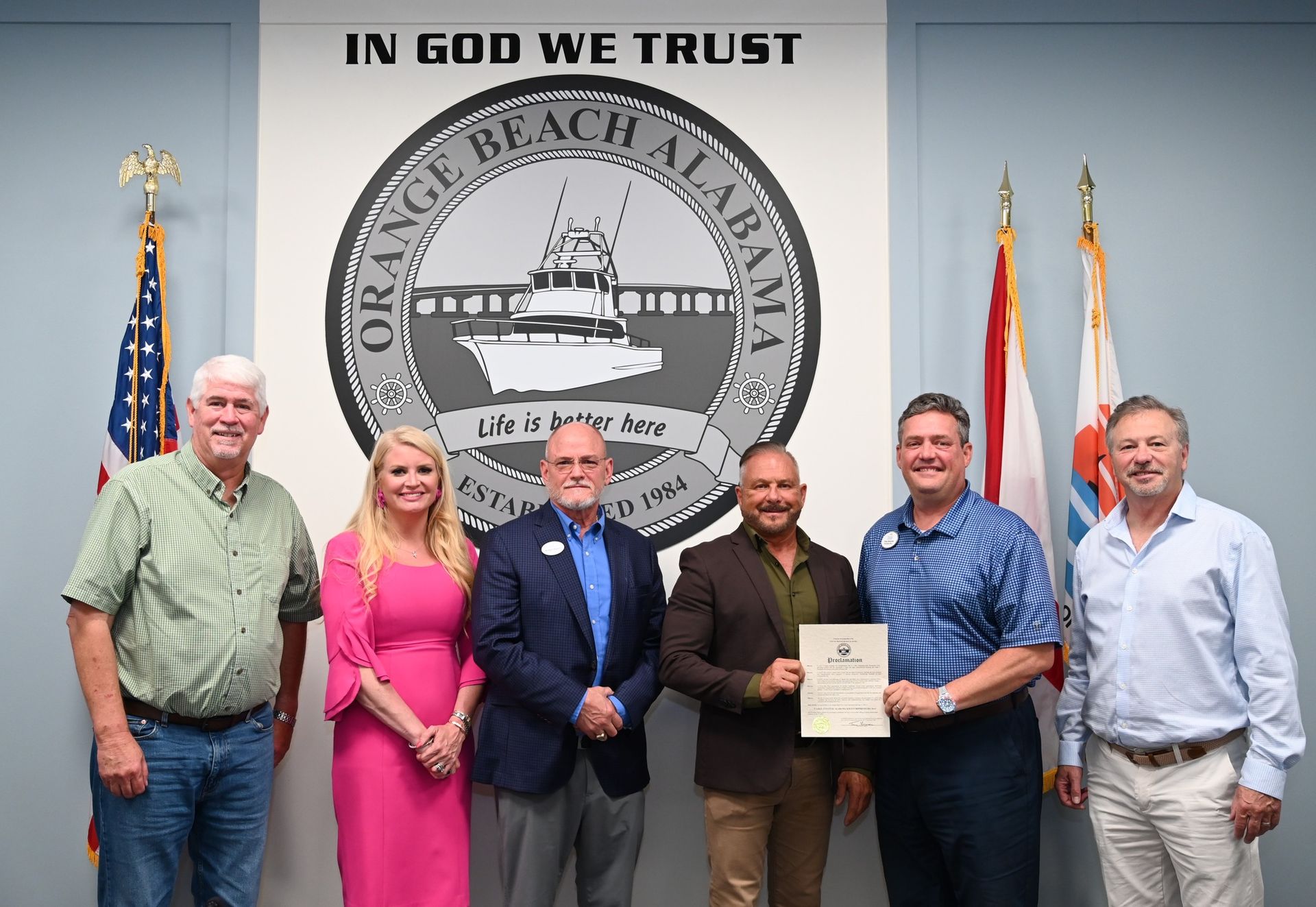 From the Left: Jeff Silvers, Ginger Harrelson, Robert Stuart, Mayor Tony Kennon, Greg Alexander, and Jack Robertson
