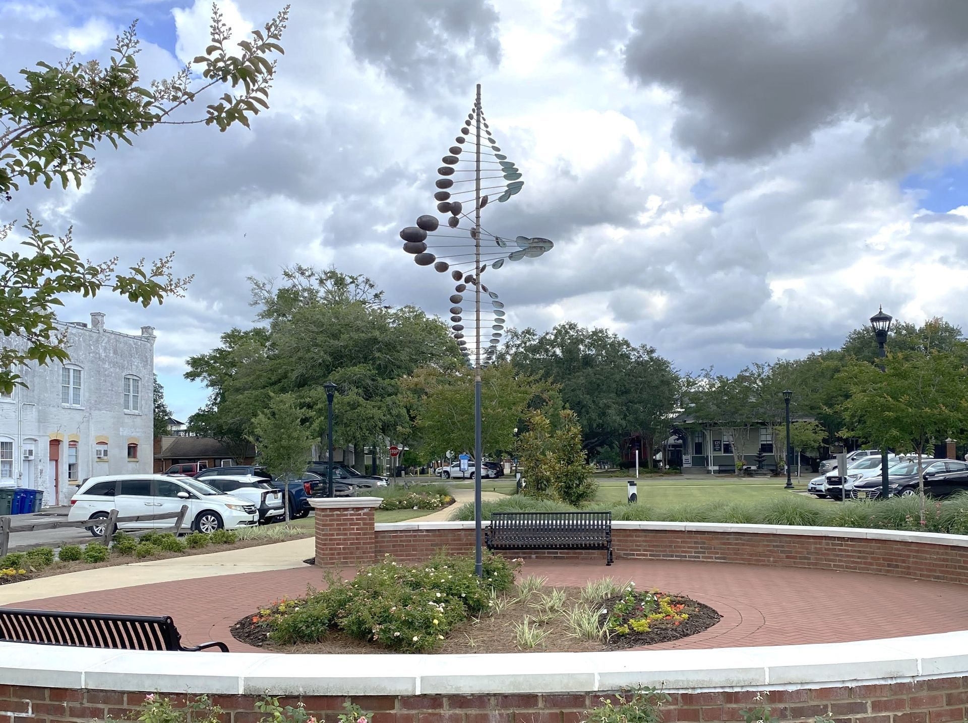 Wind sculpture installed on the Wilbourne Antique Rose Trail in Foley. The sculpture is 18 feet tall and rotates in winds of 2 miles an hour or more.