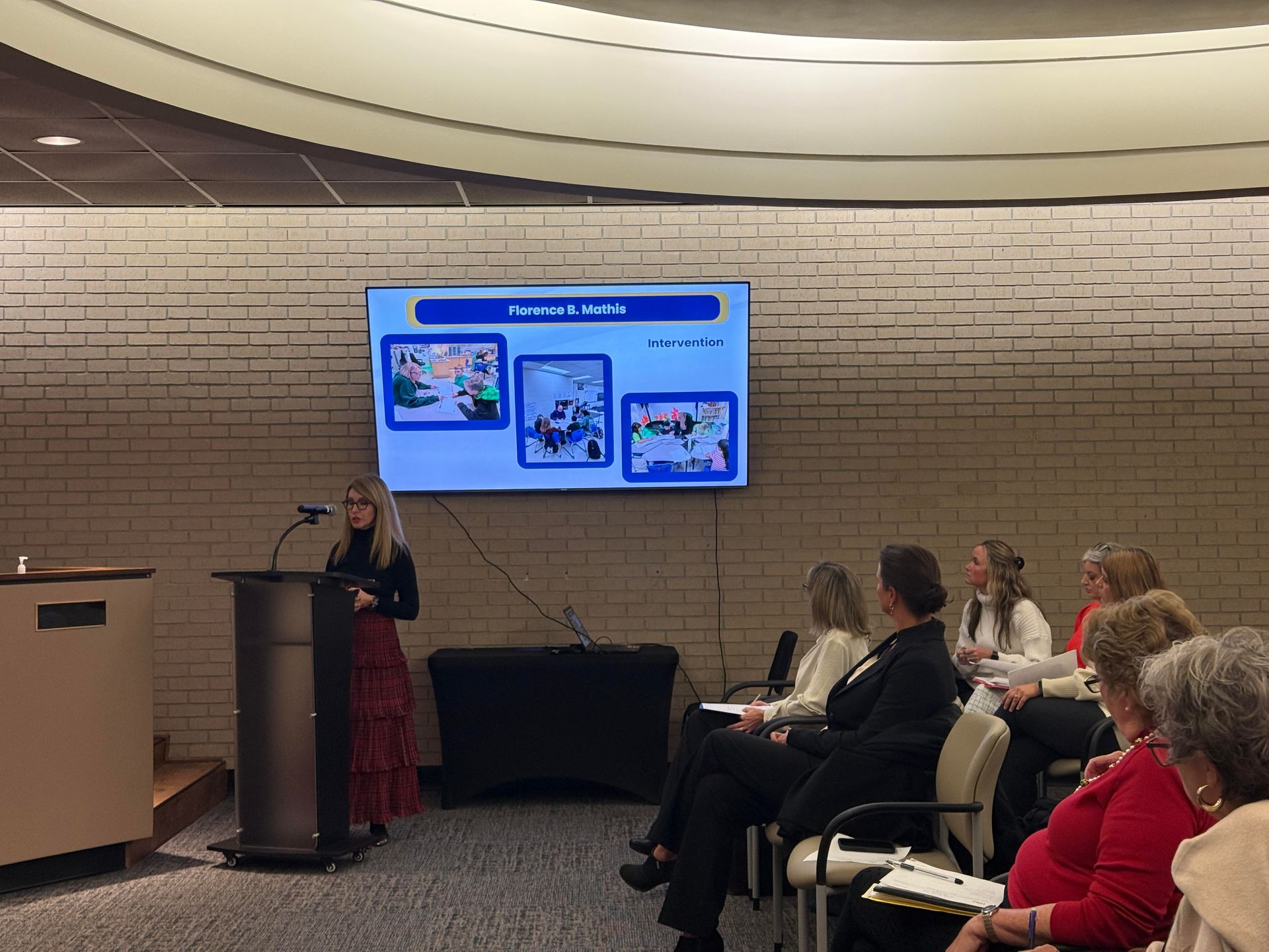 Florence B. Mathis Elementary Principal Gina Gipson addresses members of the
Foley City Council and Foley Education Advisory Committee. School officials met with Foley representatives to discuss how city support has helped improve school performance.