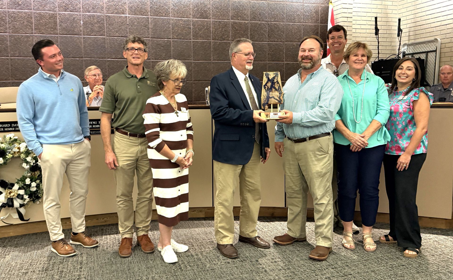 Foley Main Street shared state awards for downtown improvement with the city.
Foley Mayor Ralph Hellmich and Councilman Charles Ebert III accepted the awards from Foley
Main Street Chief Executive Officer Darrlyn Dunmore, Chairman Wes Abrams and board
members.
